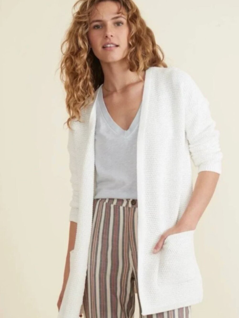 Marine Layer Catalina Open-Front Cardigan Sweater White Waffle Knit Size Small
